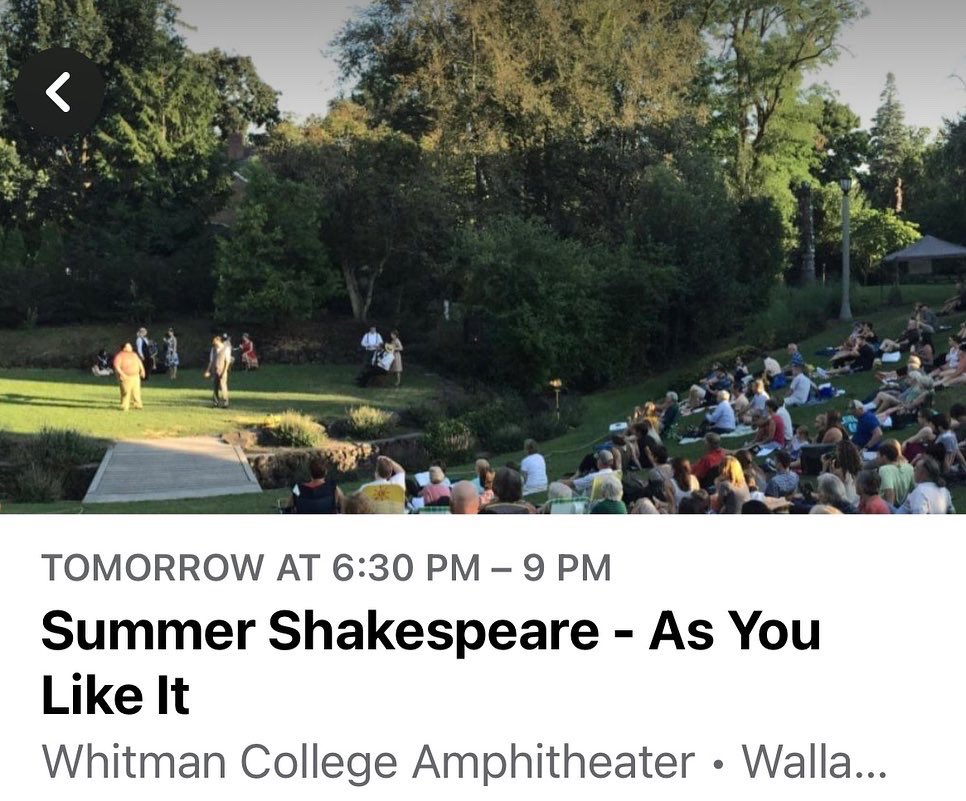 Two more opportunities to see our production of AS YOU LIKE IT! Friday and Saturday, 7 PM, at <a href="/whitmancollege/">Whitman College</a>’s amphitheater. (Pre-show talk at 6:30.) 🌳
Admittance by donation. #ShakespeareWallaWalla #rm_theatre #WhitmanCollege #AsYouLikeIt