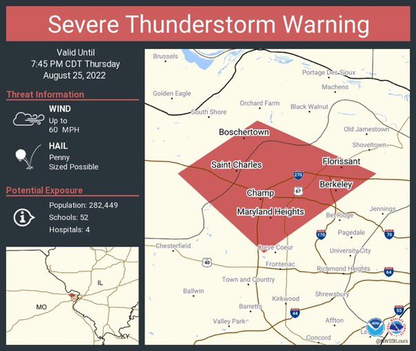 Severe Thunderstorm Warning St. Louis and St. Charles counties until 7:45 pm. Outflow from storms north helped to develop a storm over Bridgeton, MO. Wind gusts up to 60 mph and penny-sized hail possible. Heavy rain expected as the storm is moving southeast at 15 mph.