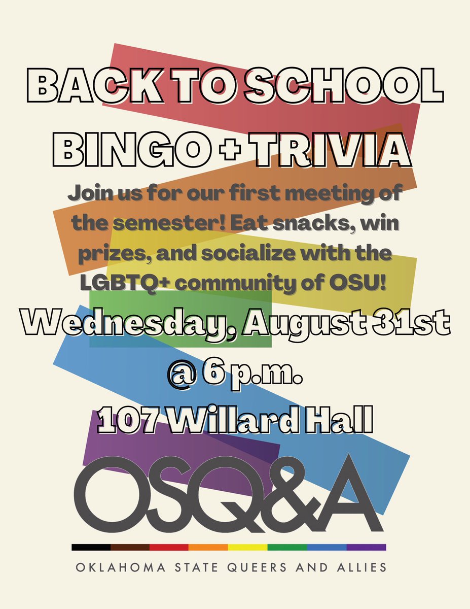 Join us for our inaugural meeting of the Fall 2022 semester NEXT WEDNESDAY! Meet our exec team, win prizes, and more! 

🌈 Wednesday, August 31st @ 6 p.m. 
🌈 107 Willard Hall 
🌈 Bingo AND Trivia 💫✨
🌈 Snacks + Refreshments provided 🍭

We’ll see you there! 🏳️‍🌈🏳️‍⚧️