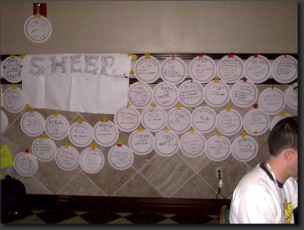 wallofsheep's tweet image. Here&apos;s one more #ThrowbackThursday pic for you, and it&apos;s gonna throw you waaaaay back: this is what the #WallofSheep looked like at the beginning. All we had was a stack of paper plates, a homemade sign, some tape, and determination.

21 years later.... we&apos;ve all come a long way!