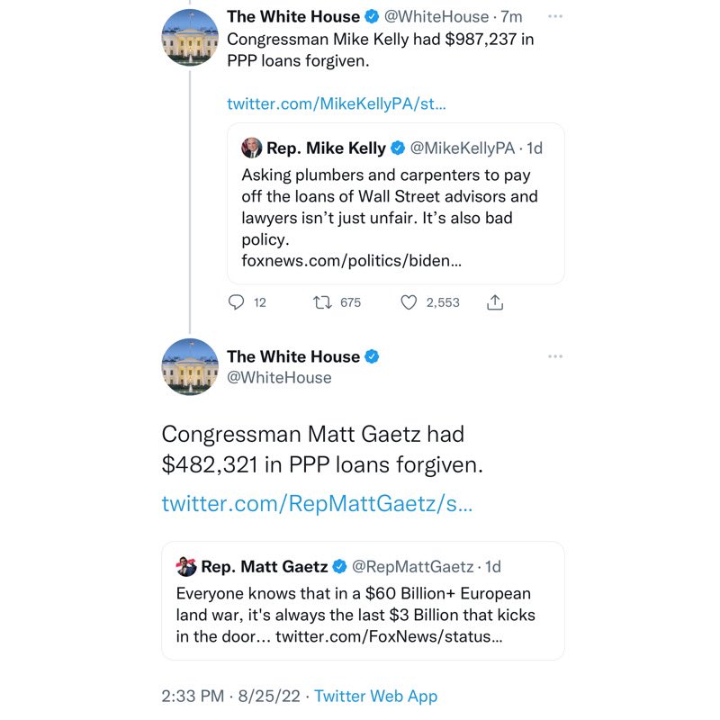 yashar's tweet photo. A lot of people were pointing out the PPP loans on Twitter yesterday and now the White House, via the official account, is doing the same. 

It’s not something I’d expect from a cautious Biden but he made it clear yesterday he was going to aggressively defend his position. https://t.co/O3W17bi5Gm