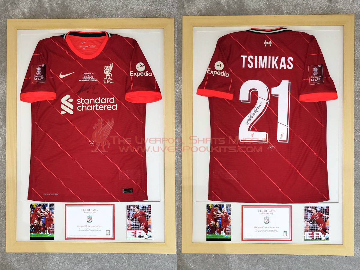 LivShirtsMuseum's tweet photo. Liverpool 2022 FA Cup Final Match Issued Signed Player Shirt Number 21 Kostas Tsimikas, Chelsea vs Liverpool, 14 May 2022, Wembley Stadium, London @LFC @LivShirtsMuseum @FACupFinal #MatchWorn #MatchIssued #OfficiallySigned #PlayerShirt #GreekScouser #Tsimikas https://t.co/Ck01MaQeWl