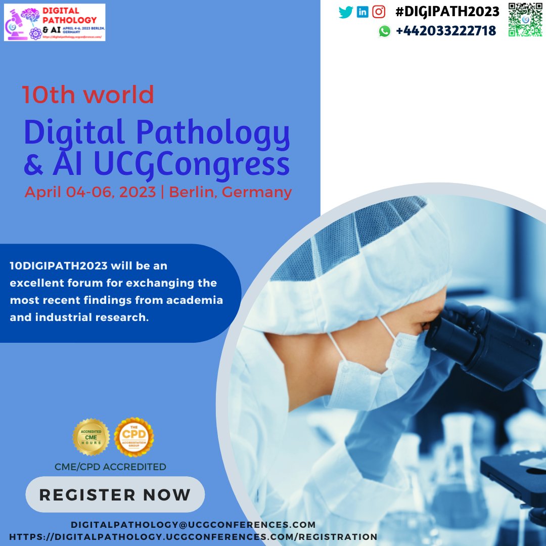 DrKhadijaAlAmi1's tweet image. Are you a Pathology trainee? Are you a Pathologist? UCGConferences is organizing the 10th World Digital Pathology &amp;amp; AI UCGCongress on April 04-06, 2023 in Berlin, Germany We would like to invite you to attend our Conference. 
By registering here: digitalpathology.ucgconferences.com/registration

#Patholo