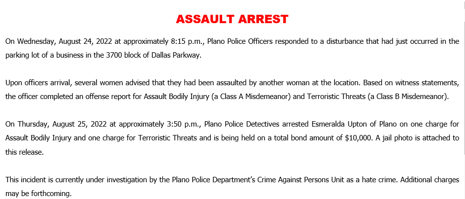 YeomansNBC5's tweet photo. JUST IN: An arrest has been made in connection with a viral video out of Plano showing a woman using racial slurs towards a group of Indian American women. We're working on the story for our 10pm newscast @NBCDFW. https://t.co/w6FoO7urpw