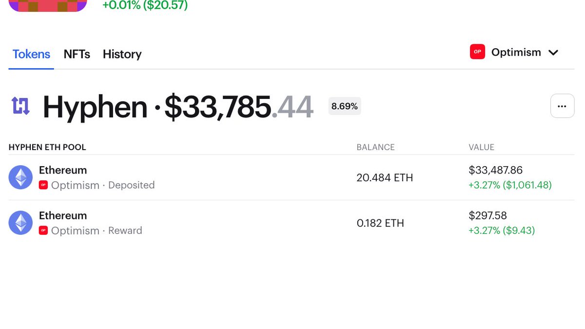 zerion's tweet image. Here’s one of the latest additions to Zerion’s DeFi tracking on #Optimism 🔴

#Hyphen by @biconomy enables instant token transfers across different blockchains, especially from L2 to L1.

Your pools and rewards on #OP are now tracked in Zerion Wallet app.zerion.io/0x6b3df6db02e2…