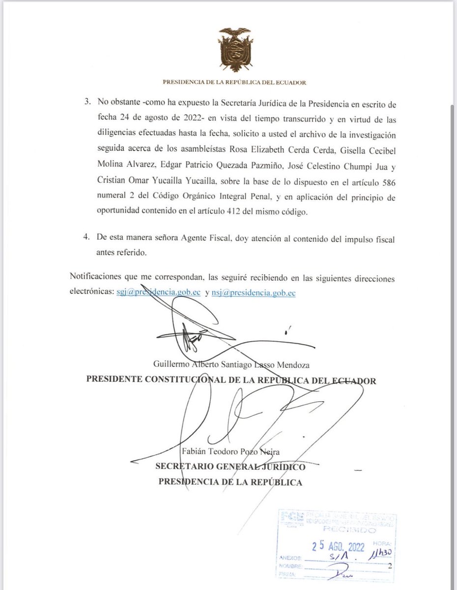 AnderssonBoscan's tweet photo. Cacho, cacho. 
El presidente Lasso le dice a la Fiscalía General que esa denuncia que hizo públicamente de que cinco asambleístas le pedían dinero para votar, no era cierta. 
Y pide el archivo. 
Y no se sonroja por esta barbaridad. https://t.co/WcYCky7e97