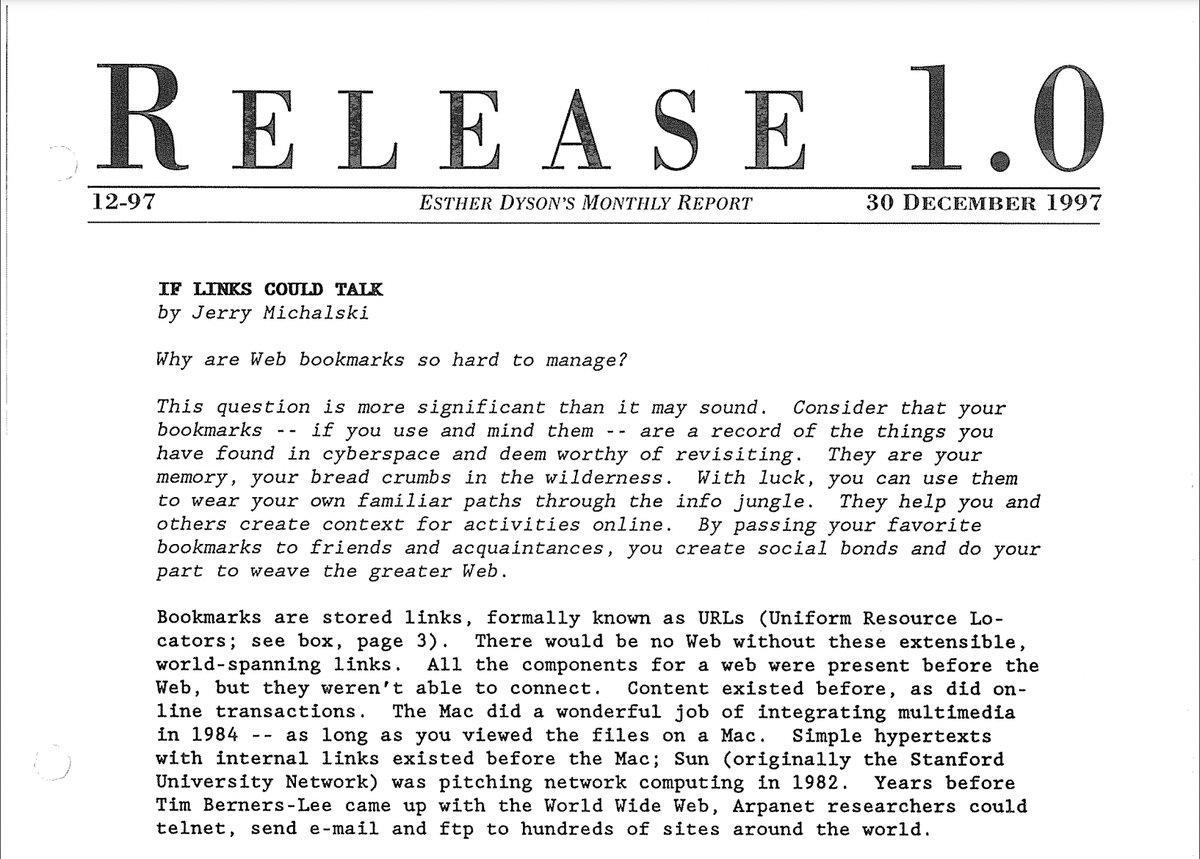 jerrymichalski's tweet photo. Here's the December 1997 issue of Release 1.0, @edyson 's newsletter, where I first wrote about @TheBrainTech and #ToolsforThinking: https://t.co/lFQcRLpkeK https://t.co/IEAjRpf54P