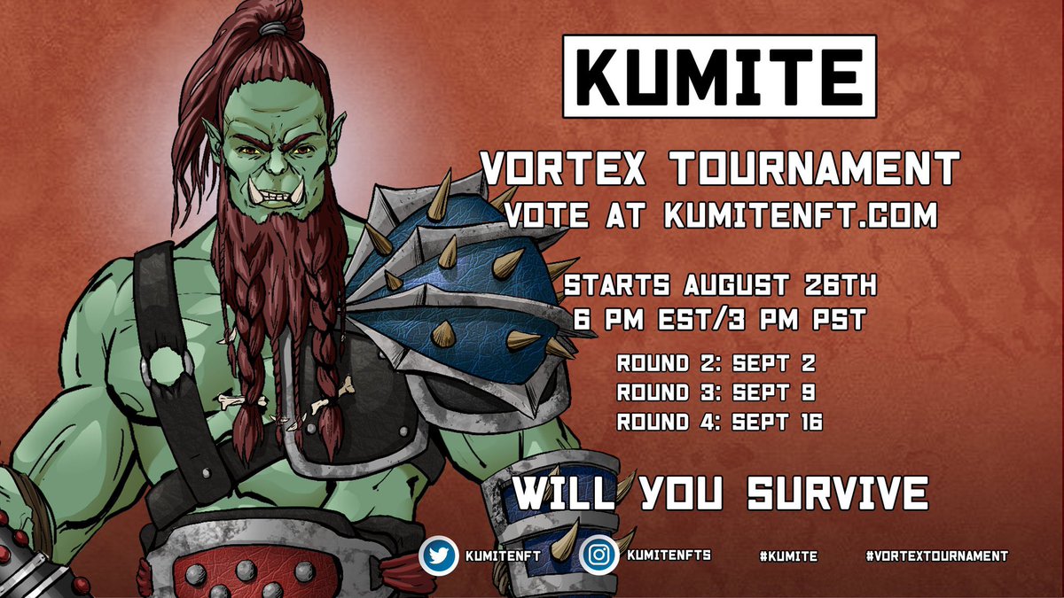 🔥THE TIME HAS COME🔥 
Join Kumite’s first NFT Battle on Friday, August 26

The voting starts at 3pm PT / 6pm ET
Will you survive?

Choose your family and grab a Kumite on opensea - opensea.io/collection/kum…

#nft #crypto #villains #savages