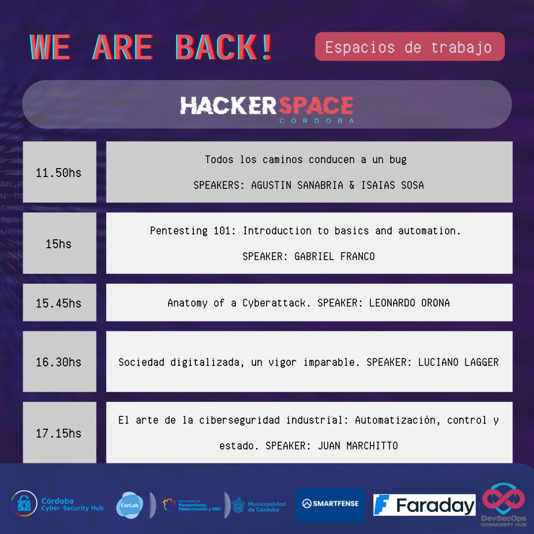 🔔Y llegó la esperada agenda para el #weareback! 
No vemos el sábado para este gran rencuentro.
Este evento es posible por el apoyo de: 
<a href="/corlabgob/">CorLab</a> / <a href="/SMARTFENSE/">SMARTFENSE</a> / <a href="/faradaysec/">Faraday Security</a> / <a href="/ar_devsecops/">DevSecOps Community Hub (AR)</a> / <a href="/Hackear_ARG/">Hackear Official</a> 
El evento tendrá 3 espacios:
#HackerSpace 
#DevSecOps 
#CFT