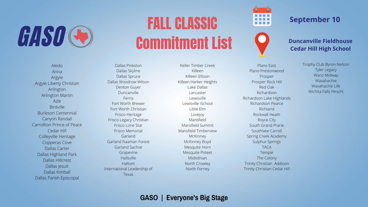 TexasHoops/GASO 🔗 (@texashoopsgaso) on Twitter photo GASO Fall Classic
🗓 Saturday, September 10
📍 <a href="/duncanvillefh/">Duncanville Fieldhouse</a> & <a href="/chhsbbasketball/">Cedar Hill Longhorns Boys Basketball</a>
Tag your team‼️
#GASO | Everyone's Big Stage GASO Fall Classic
🗓 Saturday, September 10
📍 <a href="/duncanvillefh/">Duncanville Fieldhouse</a> & <a href="/chhsbbasketball/">Cedar Hill Longhorns Boys Basketball</a>
Tag your team‼️
#GASO | Everyone's Big Stage