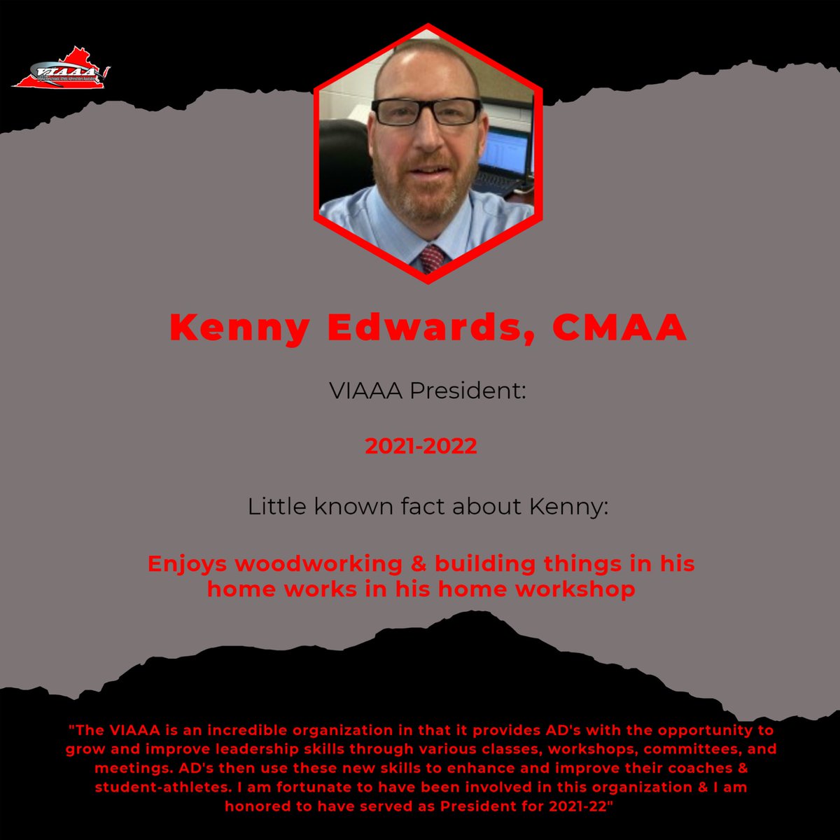 VIAAA95's tweet photo. Every Thursday the @VIAAA95 will highlight a former VIAAA President with a spotlight. The countdown will begin with our most current Past President, Kenny Edwards, CMAA!! Kenny was VIAAA President from 2021-2022! He has left VA, but his leadership and impact still remains. #BTTY https://t.co/k1omBaCm2d