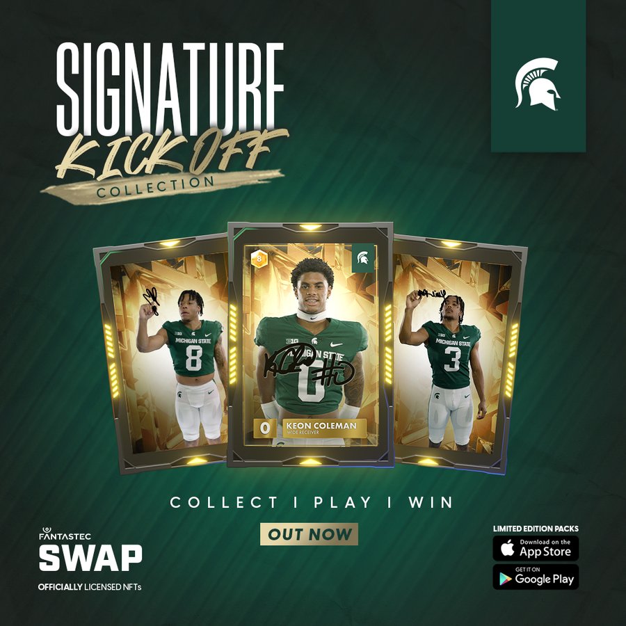 flow_blockchain's tweet photo. 🏈 Where are our @MSU_Football fans at?! 

The #Relentless Nation's Signature Kickoff Collection is LIVE on @FantastecSwap now!

Grab your autographed officially licensed NFTs, only #onFlow, only on #SWAP 
https://t.co/I7kbaFbDzc https://t.co/448PttYNyD