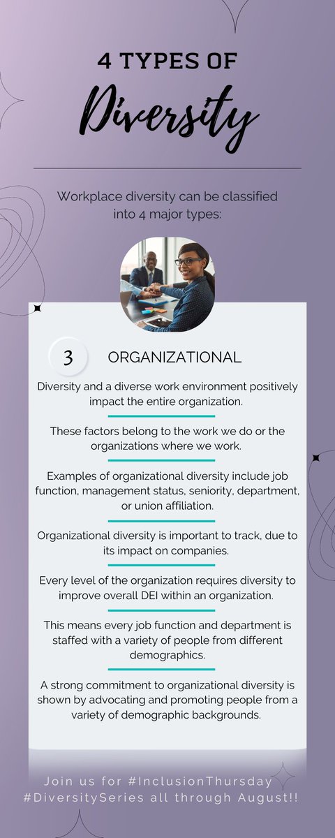 Sisgigroup's tweet photo. Diversity and a diverse work environment positively impact the entire organization. These factors belong to the work we do or the organizations where we work.
#diversity #self #workplace #influence #organizational #DiversitySeries #InclusionThursday https://t.co/7qVeD0LpU8