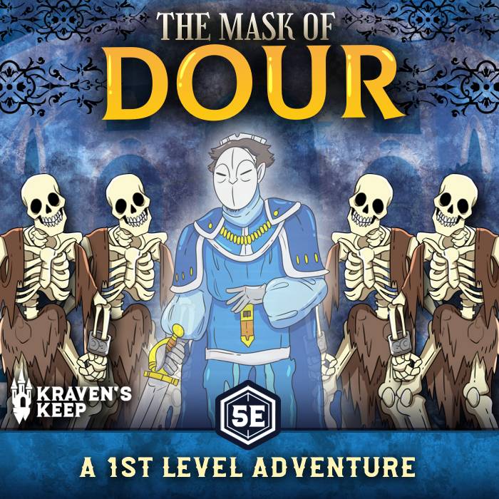 KravensKeep's tweet photo. The Mask of Dour: Search the ruins of a sunken castle, and contend with the undead within! This 1st-level adventure is available on our Roll20 marketplace.

#dnd #ttrpg #fithedition #roll20 #dnd5e https://t.co/p4BFR4d3wL