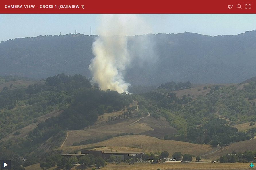 415FirePhoto's tweet photo. @VCFD on scene of a new brush fire in Oak View. LPF starting a 1st alarm response as well. MRE223 on scene reporting 1 acre fire running up hill with no wind. Outbuildings threatened. This is the #AnaFire    @ai6yrham https://t.co/oEfStNYEYw