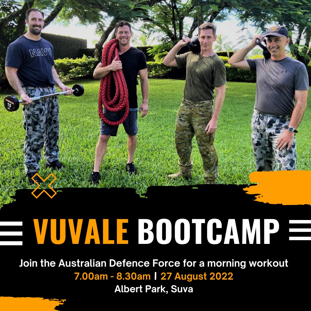 AusHCFJ's tweet photo. 🥾🥾 on #TeamFiji! #Vuvale bootcamp with #TeamADF will take place tomorrow morning at Albert Park, Suva from 7am❗️❗️
 
Get in shape and have lots of fun with your friends and family. And it’s absolutely FREE with light breakfast provided. 

See you there! 🏃‍♀️🏃 https://t.co/31XpFhMowY