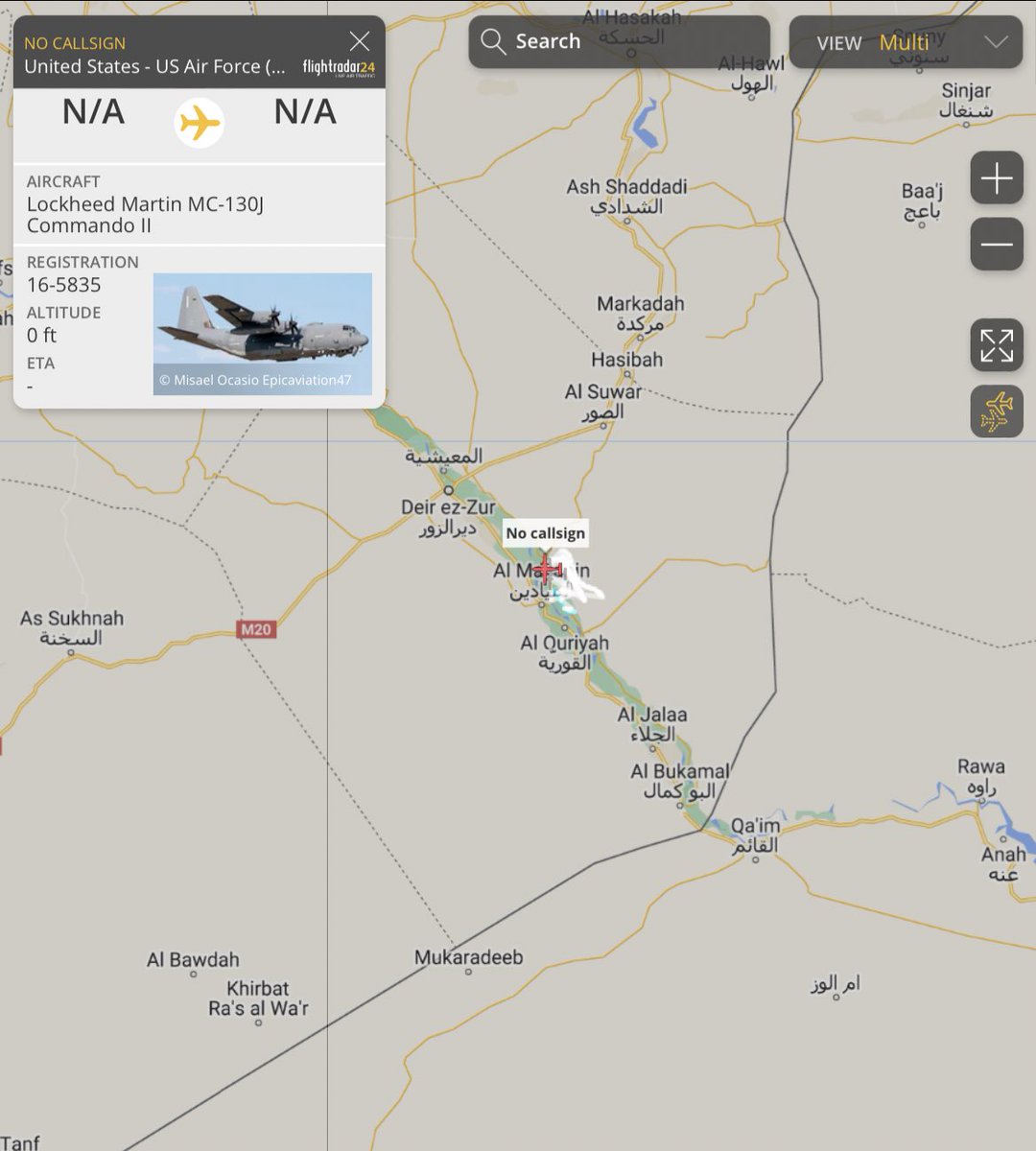 SpeckleBelly64's tweet photo. USAF MC-130J Commando II pinging over eastern Syria 

Reg:16-5835 #AE5DF8 https://t.co/Rp6clALxCM