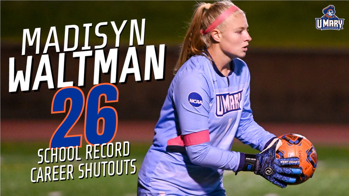 RECORD BREAKER | Congratulations to Madisyn Waltman on breaking the <a href="/UMaryWSoccer/">UMary Soccer</a> career record for shutouts with 26 in the Marauders 2-0 win over BHSU. Kristen Werner (2001-04) held the old mark of 25. Way to go! #HooksUp #LifeAtMary