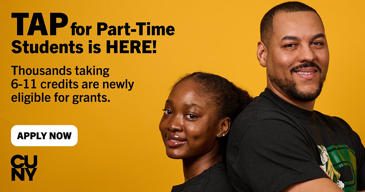 LaGuardiaCC's tweet photo. For the first time ever, Tuition Assistance Program (TAP) is available to part-time students! The
historic change will provide financial aid for more than 30,000 #CUNYStudents. Students can apply here ๐๐ผ https://t.co/jxB9iKcimL https://t.co/q1qtbzJvop