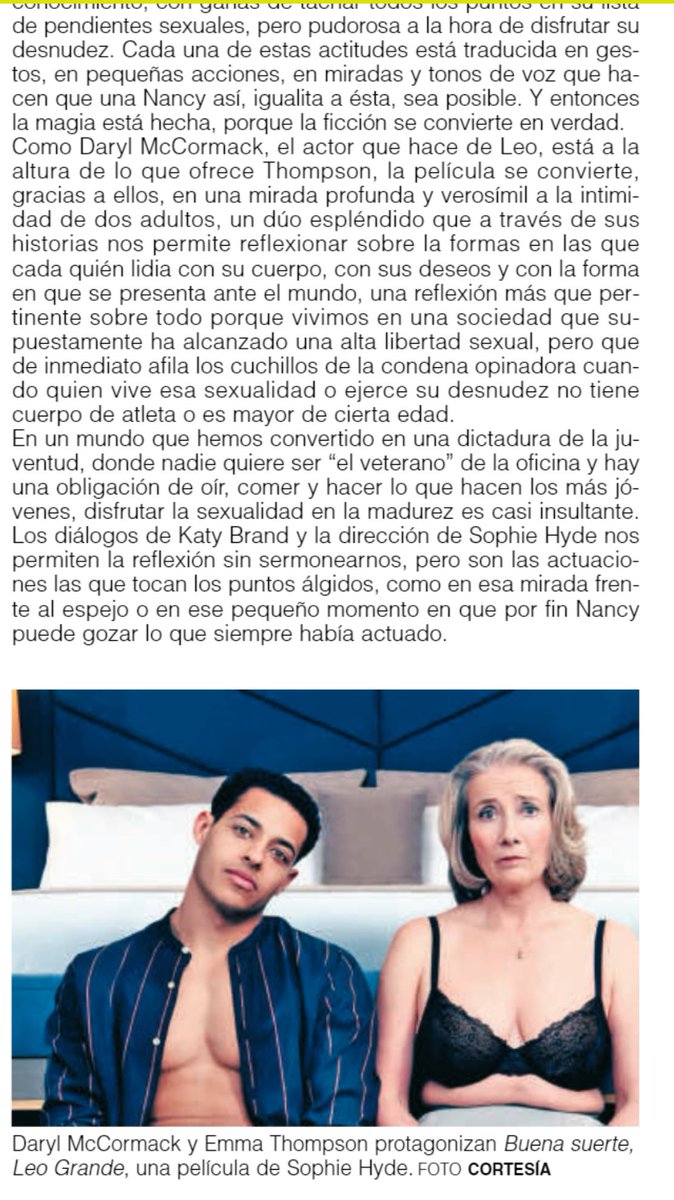 samuelescritor's tweet photo. Debe ser que los adultos la están viendo porque la muy recomendable "Buena suerte, Leo Grande" sigue en cartelera. Si no la han visto, esto escribí sobre ella en @elcolombiano para que se animen a verla. https://t.co/72VukKwuWd