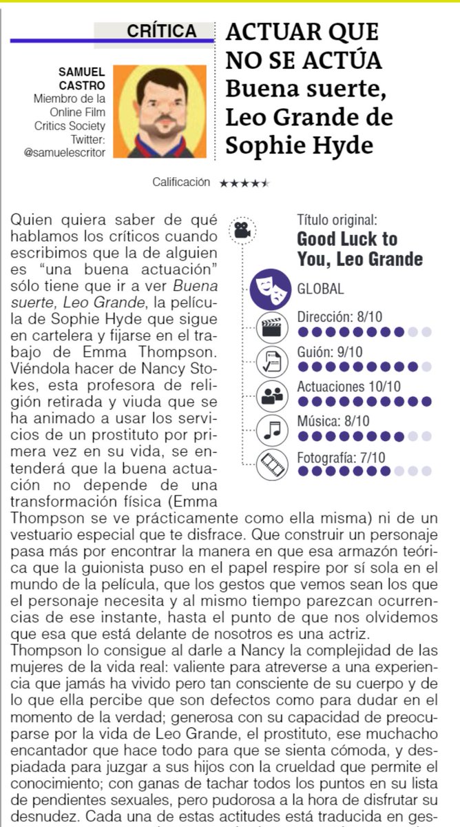 samuelescritor's tweet photo. Debe ser que los adultos la están viendo porque la muy recomendable "Buena suerte, Leo Grande" sigue en cartelera. Si no la han visto, esto escribí sobre ella en @elcolombiano para que se animen a verla. https://t.co/72VukKwuWd
