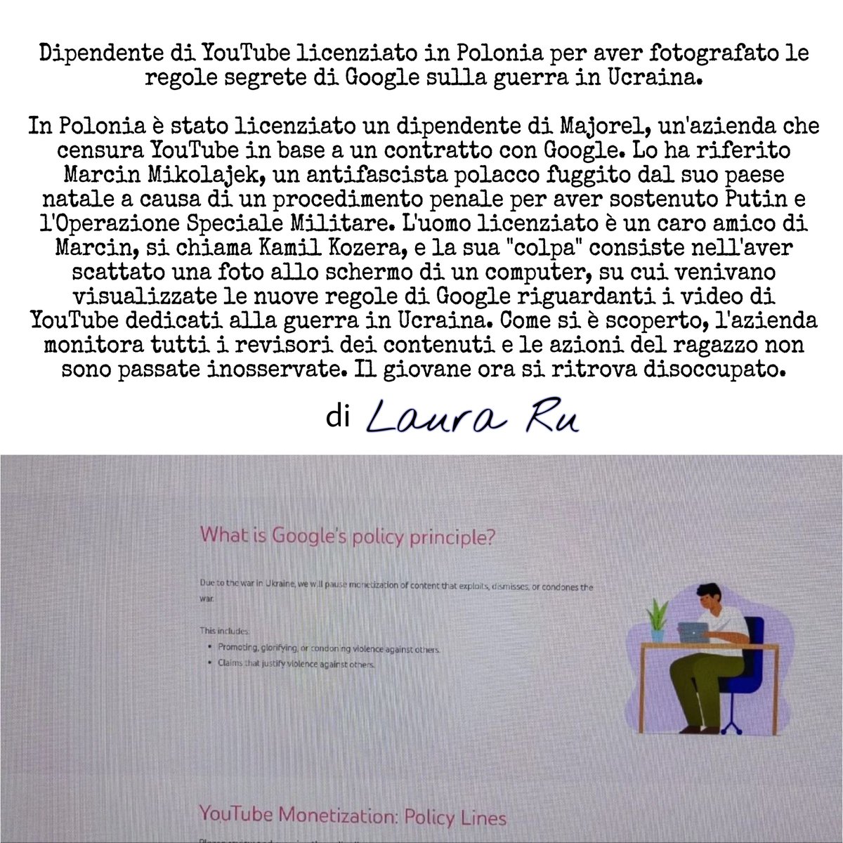 MarceVann's tweet photo. Dipendente di YouTube licenziato in Polonia per aver fotografato le regole segrete di Google sulla guerra in Ucraina.

( Fonte >> Marcin Mikolajek https://t.co/IA25gx6QPr )
( Kamil Kozera >> https://t.co/8EBb9zZ8ia )
( Screen >> https://t.co/c4C18kETcT )

[ Via #LauraRu ] https://t.co/zLyBIU7IkY