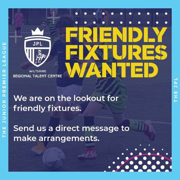 Wiltshire Regional Talent Centre (@wiltshirertc) on Twitter photo #FixturesWanted
We are looking for a friendly for our U9-16 age groups on Saturday 3rd September ahead of the <a href="/jpluk/">Junior Premier League</a> season.
We can host or travel within reasonable distance from South Wiltshire.
Please send us a DM to arrange.
Many Thanks 😊 #FixturesWanted
We are looking for a friendly for our U9-16 age groups on Saturday 3rd September ahead of the <a href="/jpluk/">Junior Premier League</a> season.
We can host or travel within reasonable distance from South Wiltshire.
Please send us a DM to arrange.
Many Thanks 😊