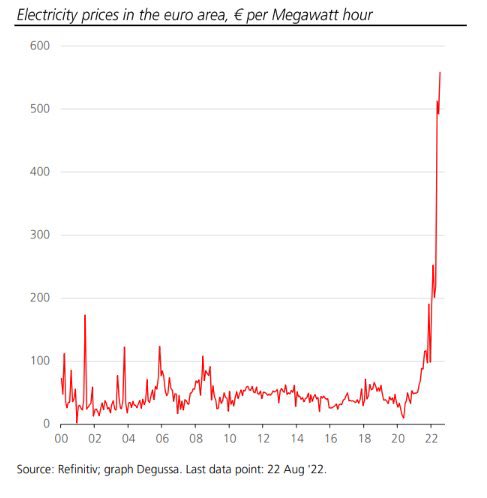 これは仮想通貨のチャートではない、ヨーロッパの電気料金だ！10倍以上になってるけど、一体どうやって生活してるんだろう？月2万円の電気代が20万円以上になったら、家計が破綻しないか？ 