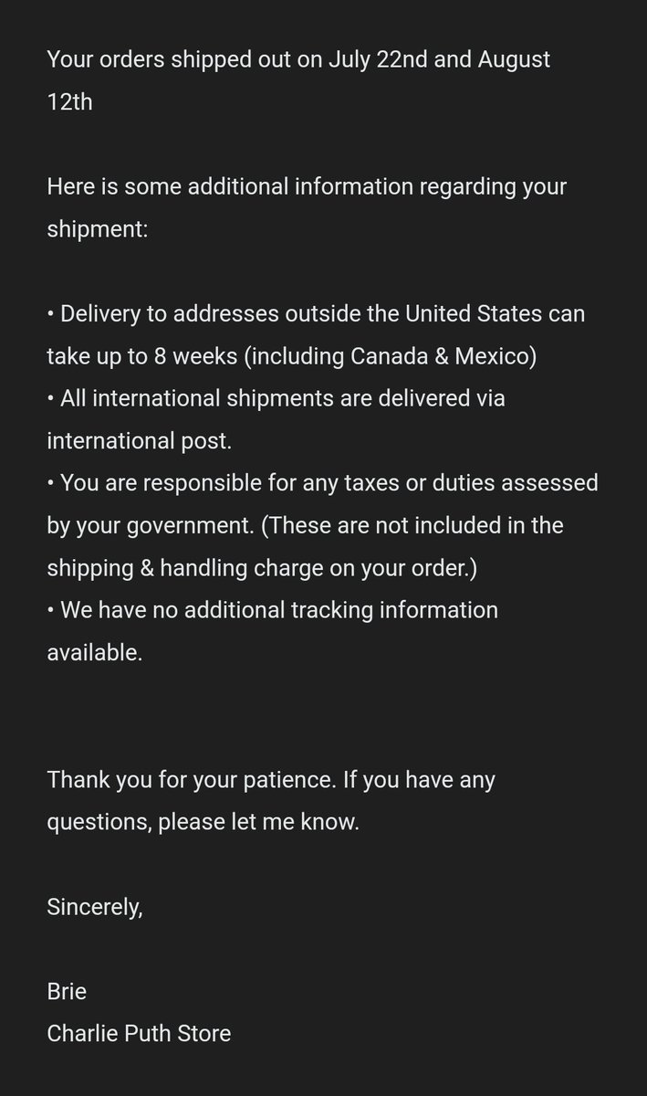 Actualización CD's Left and Right

Hace unos días recibí la respuesta al correo que envié

Los paquetes fueron enviados el 22 de Julio y el 12 de Agosto, en el correo menciona que puede tardar hasta 8 semanas 😮‍💨