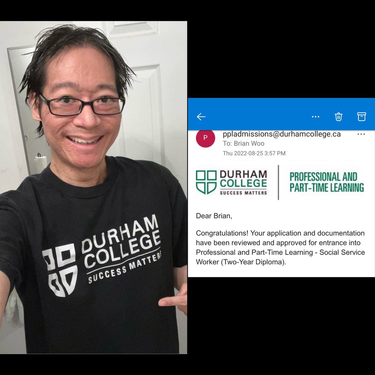 NotSpeechless23's tweet photo. EXCITED😁Got accepted into the part-time SSW program at @durhamcollege!wearing an old DC shirt (did DSW there). Worked w/ ppl with disabilities for yrs but been thinking of making a change for a while!Excited to learn more ab helping disadvantaged / marginalized groups in general https://t.co/N5mev1vgpQ