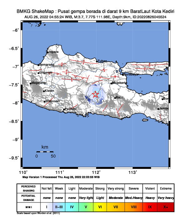 infoBMKG's tweet photo. #Gempa Mag:3.7, 26-Agu-22 04:55:24 WIB, Lok:7.77 LS, 111.98 BT (Pusat gempa berada di darat 9 km BaratLaut Kota Kediri), Kedlmn:9 Km Dirasakan (MMI) II Kediri, II Barong, II Nganjuk #BMKG https://t.co/NwnHA8XHO6