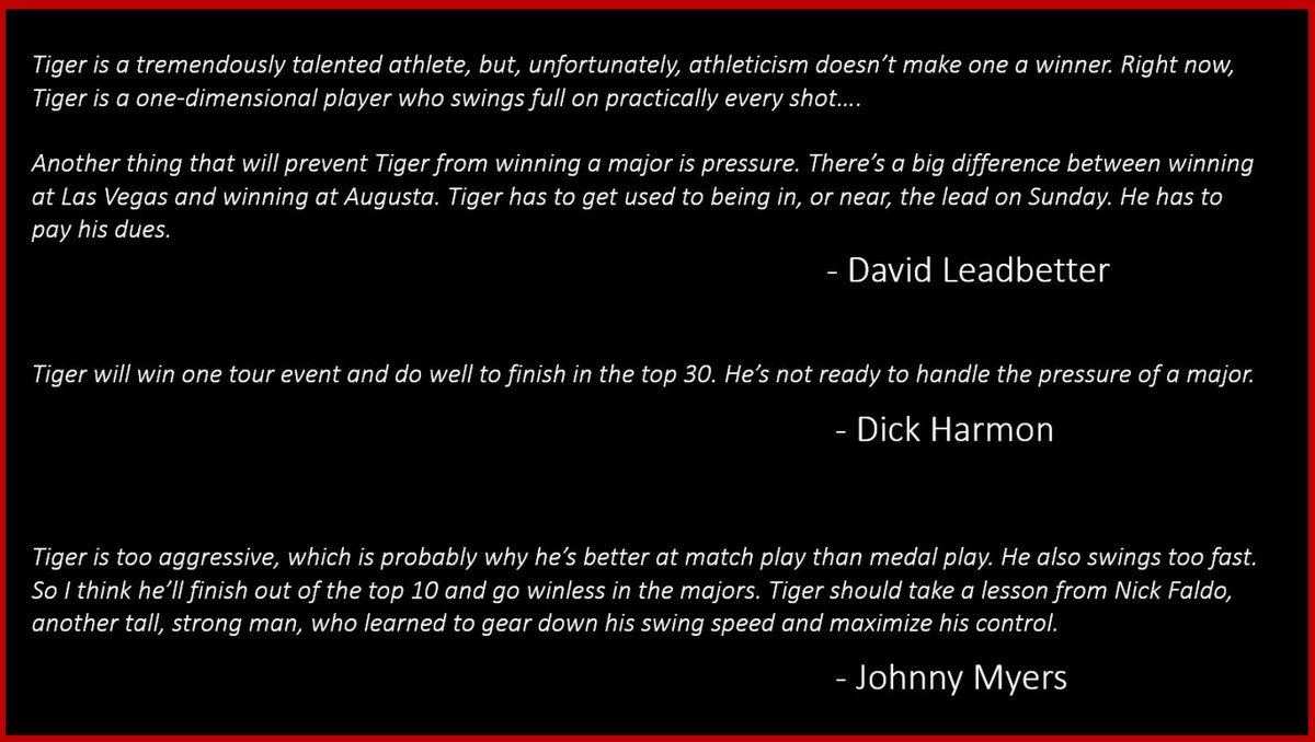 LouStagner's tweet photo. Golf Magazine's Top Teachers predicting how Tiger would do in 1997. 

Two months later Tiger won by 12 shots at Augusta. 

Tune out the naysayers. https://t.co/qJQFJr4cKB