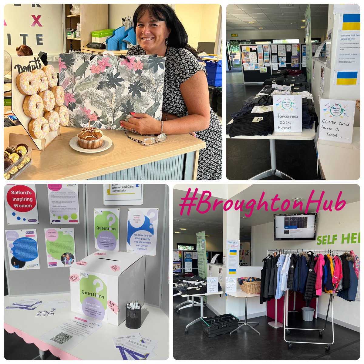 #BroughtonHub roundup! Our Free School Uniform Exchange starts this Friday 26th August, please come along and share far &amp; wide! Why not have your say at the ‘Salford Women &amp; Girl’s Commission’ stand! Finally, Happy Birthday to Deb, our very own benefits expert and events planner!