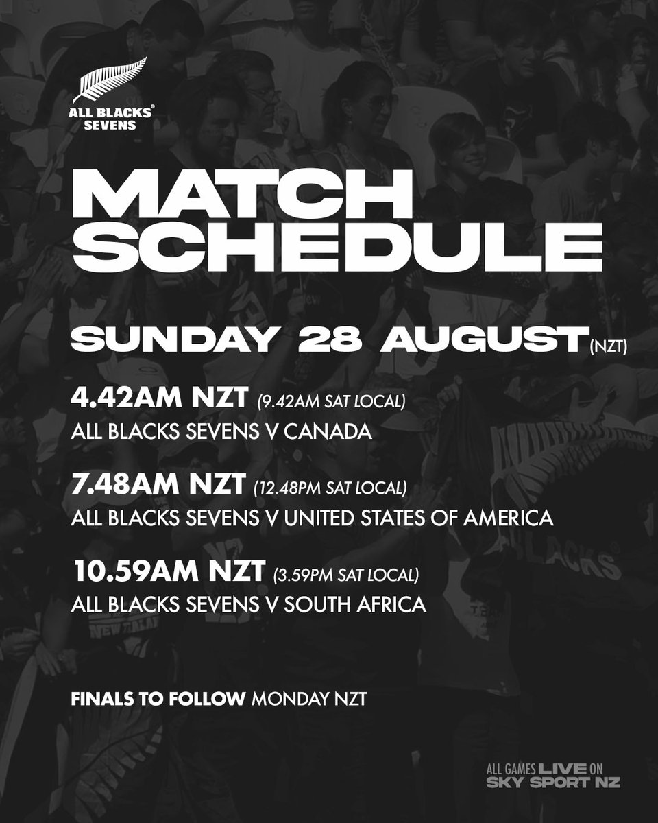 nz_sevens's tweet photo. GAME GUIDE | Bring on the weekend! 👊🏽

#AllBlacks7s | #HSBC7s | #LASevens https://t.co/FpgREmI2Et