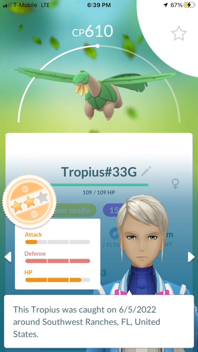 derosamiked's tweet photo. I met up with someone for trades today and she was super cute and we vented about our frustration with lucky 98’s and she gave me this GEM.

Super stoked about the Tropius and happy to have made a new trainer friend in person :-) #PokemonGO #PVPIV #lowfloortrades #forthewin https://t.co/Yoif7aKdji
