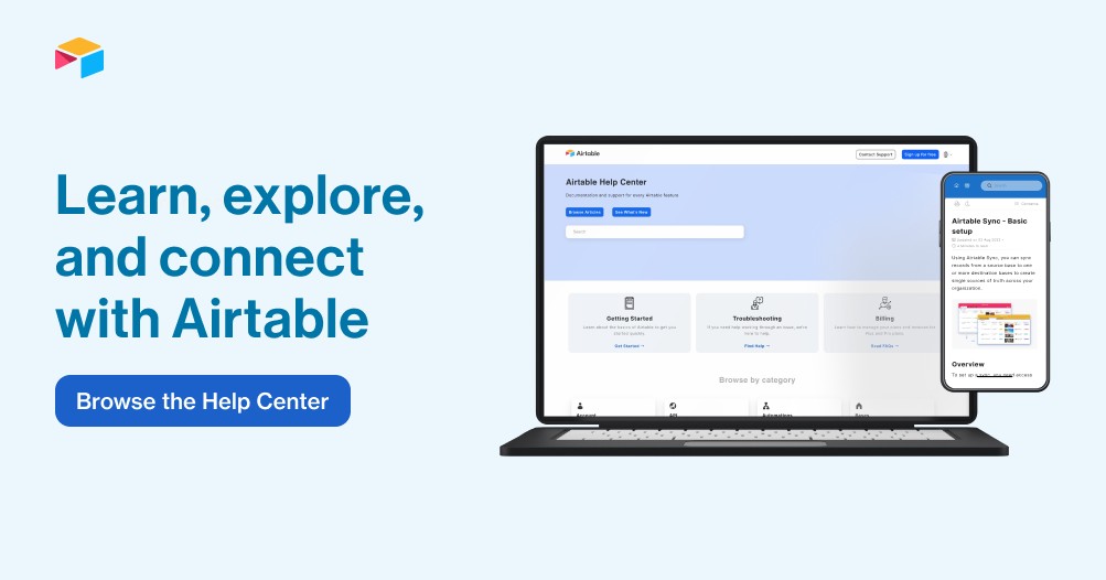 airtable's tweet image. 📣 Introducing our new Help Center—a go-to learning resource to find documentation about every Airtable feature, or to contact our Support team directly.

Get the details 👉 ow.ly/9zbS50KsFzM