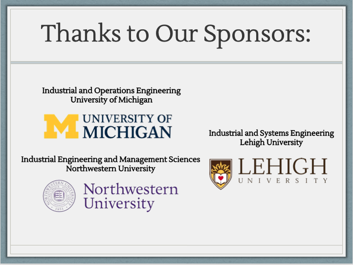 informsjfig's tweet photo. On behalf of the INFORMS JFIG (Junior Faculty Interest Group) board and members, we sincerely appreciate the generous funding from our sponsors @umichioe @NU_IEMS @lehigh_ise for supporting the JFIG activities for this fiscal year.

#funding #informs #jfig #earlycareer #phd https://t.co/z7yYrFpTFF