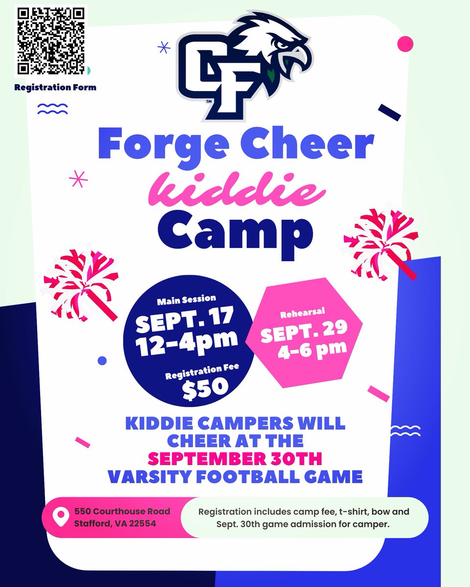 ForgeCheer's tweet photo. Spread the word! Forge Cheer Kiddie Camp is coming! Campers will learn from the Forge Cheerleaders and then join us at the September 30th home game. Registration form is linked on the QR code! https://t.co/d0wahyioPW