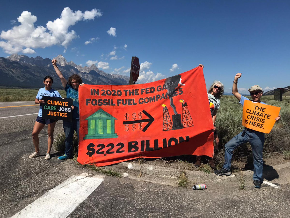 350_US's tweet photo. Today was a powerful day of activism in Jackson Hole.

The @FederalReserve can keep running, but they can’t hide from facts. If global economies don’t consider and act upon climate risks, they’ll doom future generations.

Together, we can and will win this fight. #FossilFreeFed https://t.co/AQrcQIXeD9