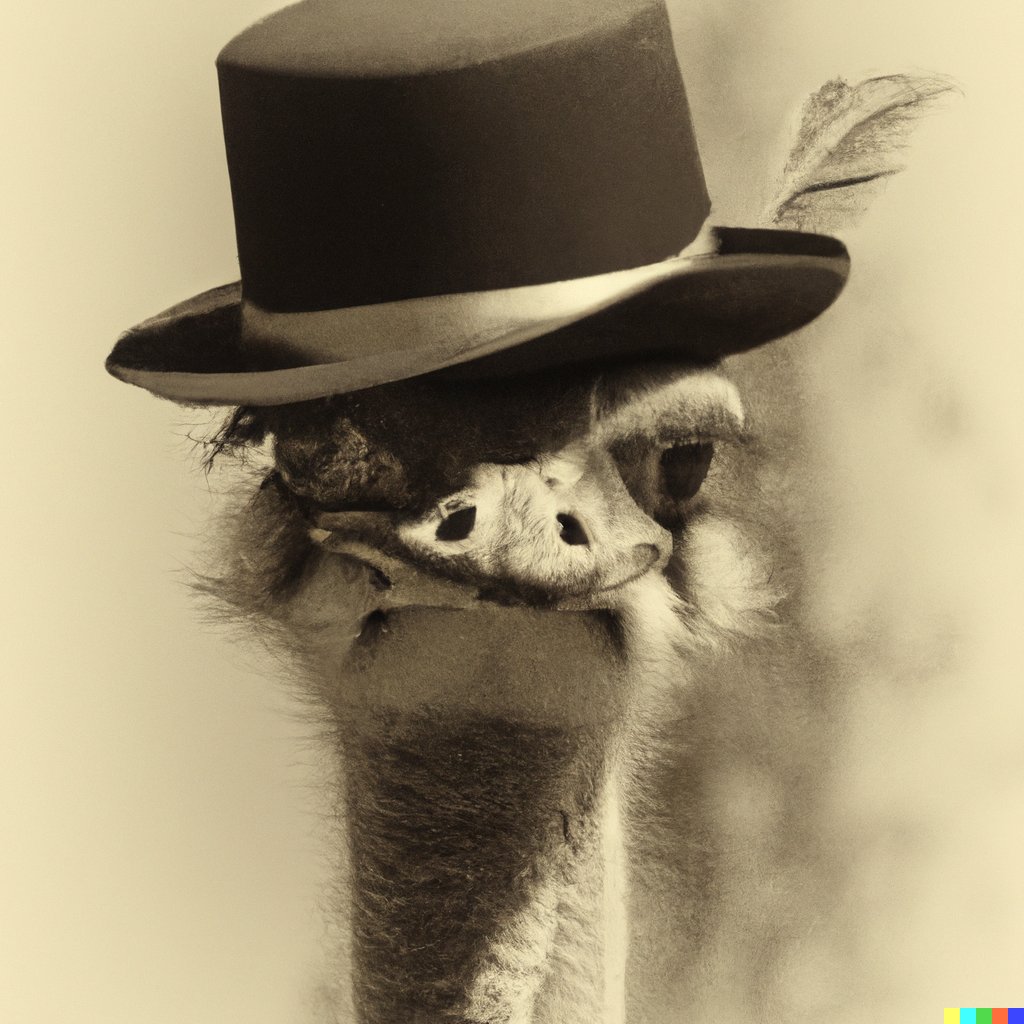 Discant_X's tweet photo. Happy to announce I was granted beta access to #dalle2 today. My (its?) first creation: Portrait of an ostrich wearing a top hat and monocle. It forgot the monocle, but I think this will suffice. #AIart https://t.co/6Xm7ymF2yj