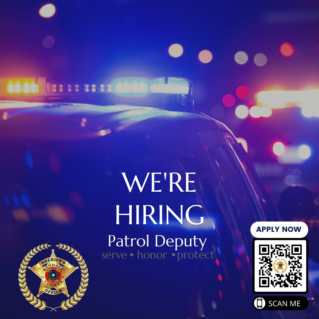 Join RCSO! Patrol Deputy Applications open! If you have the integrity, character, and abilities required to wear the uniform of the RCSO, review our qualification and application information here: randalltx.seamlessdocs.com/f/36fyrykcp60w
All applicants must be TCOLE licensed police officers.