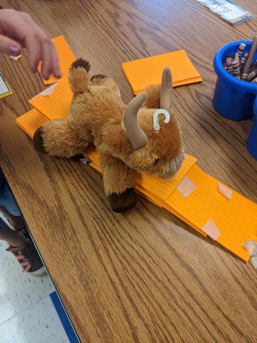 #charger found his new home during today's design challenge 🐃 We used index cards and 2ft of tape to build a tower strong enough to hold him! Some didn't make the cut 😂 but the kids had a blast working together! <a href="/BullRunES/">FCPSBullRunES</a> <a href="/mrs_pin3appl3/">Mrs. Donohue Polyblank</a>