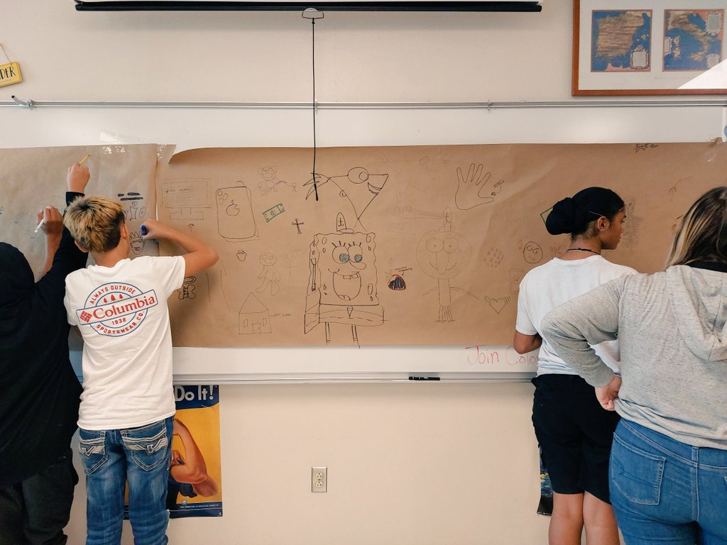 haileyehunt's tweet photo. Today in World History, we discussed early humans, and how art as a tradition has passed down through the ages. We each drew something that's important to us, and talked about it around a "campfire" as a way to get to know each other! #MustangsIgnited https://t.co/StoWmy6TZc