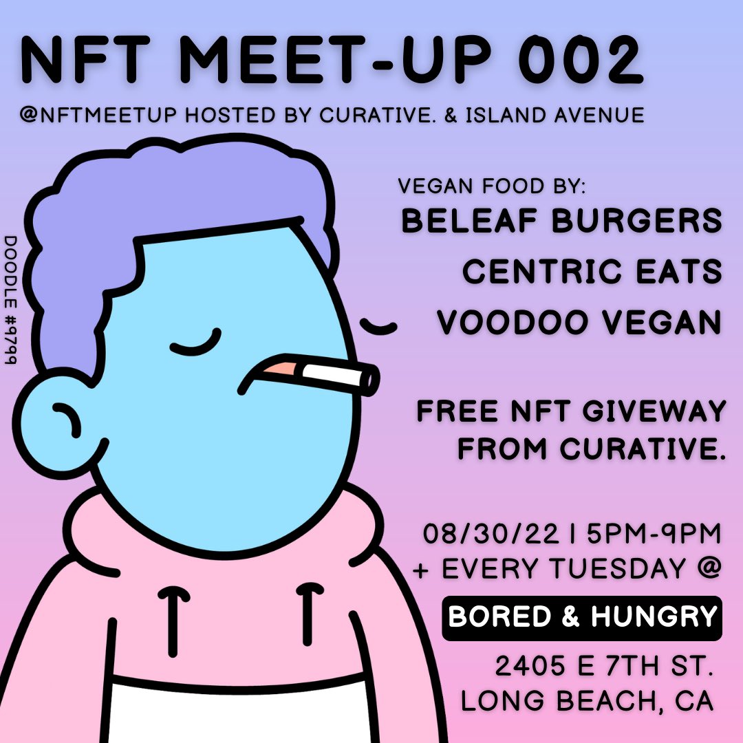 #NFTMeetUp 002 

Thanks to everyone that came out to the meet up this past Tuesday! We’re back next week and we’ll be giving away a <a href="/FoodFightersU/">Food Fighters Universe</a> NFT from the Curative. vault to someone in attendance!

Hosted by Curative. &amp; <a href="/iaveapparel/">islandavenue</a>