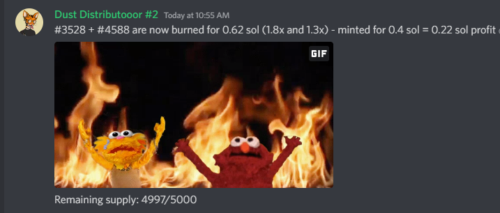 DustDoubleUp's tweet image. 2 more nfts were bought and burnt.

This lucky minter minted a 1.8x and a 1.3x

Total Mint cost: 0.4 SOL
Total buy and burn: 0.62 SOL
Net profit to holder: 0.22 SOL