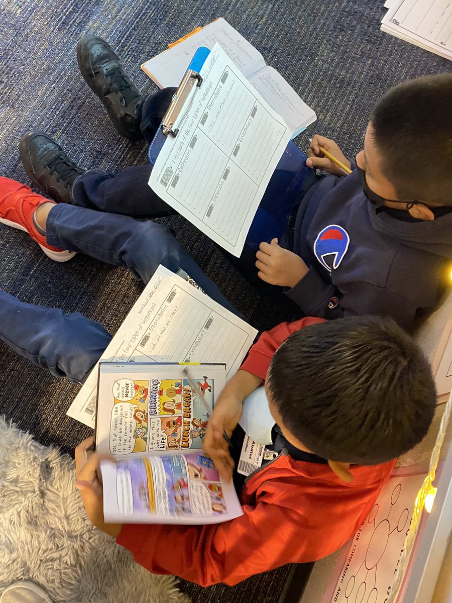 lobravo1's tweet photo. Today we searched for the 4 different types of sentences authors use in their writing using our favorite graphic novel. This helped us understand that not every sentence ends with a period and how we can use different type of sentences when we write. #@ExplorersCol #4thgradeDual https://t.co/SUeP9Zeprj