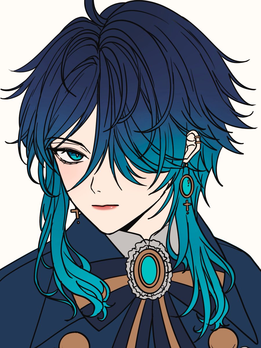jewelry earrings solo blue hair 1boy white background male focus  illustration images
