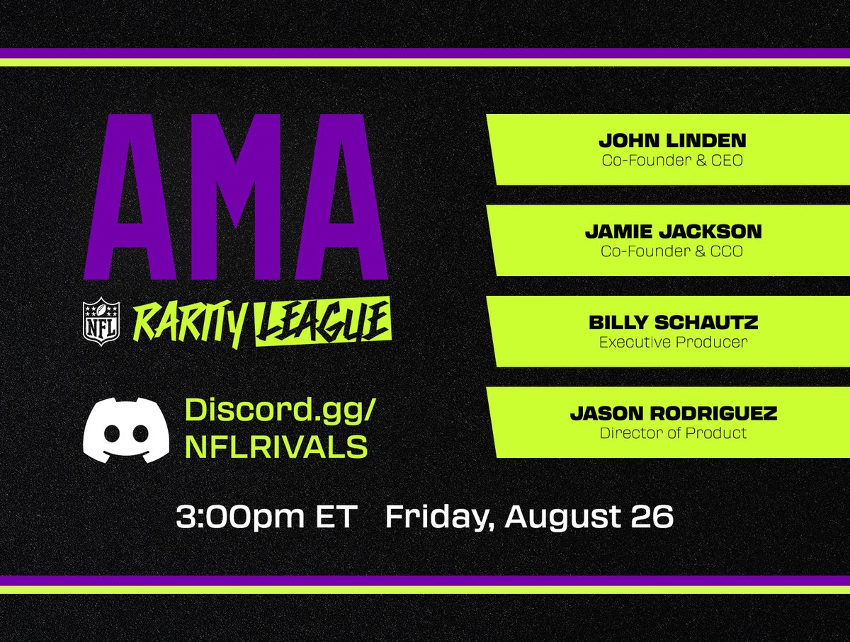 NFL Rivals 🏈 (@playnflrivals) on Twitter photo 🗓 TOMORROW:
🚨🚨🚨
Tune into our Discord at 3pm ET / 7pm UTC for a special AMA with <a href="/playmythical/">Mythical Games</a> co-founders <a href="/johnwastaken/">John Linden</a> and Jamie Jackson.
⁉️ We will be answering your questions LIVE so join the Discord early to submit 👇🏼
discord.gg/nflrivals 🗓 TOMORROW:
🚨🚨🚨
Tune into our Discord at 3pm ET / 7pm UTC for a special AMA with <a href="/playmythical/">Mythical Games</a> co-founders <a href="/johnwastaken/">John Linden</a> and Jamie Jackson.
⁉️ We will be answering your questions LIVE so join the Discord early to submit 👇🏼
discord.gg/nflrivals