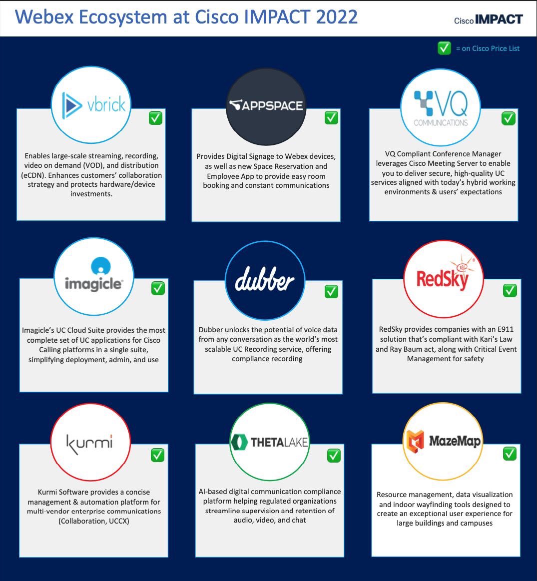 StevenTalafuse's tweet photo. @Cisco Impact is next week! SKOs are 🎉🎉🔥🔥 great partnerships @appspace @MazeMap @dubberapp @thetalake @VbrickSystems @KurmiSoftware @VQComms and tons more 💪💪💪❤️❤️ https://t.co/olanTcfjKK