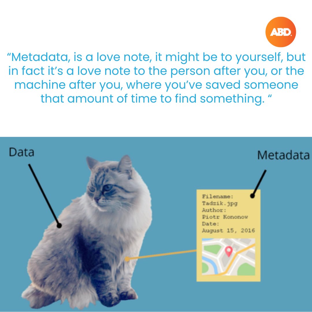 abdtoronto's tweet photo. [#ABDLexicon]Metadata🌐
"Metadata, is a love note, it might be to yourself, but in fact it’s a love note to the person after you, or the machine after you, where you’ve saved someone that amount of time to find something. "

Check the explanation from the images below!👇👇
#data https://t.co/U84CUKlYjF
